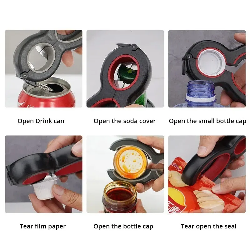 Creative 6-in-1 Multifunctional Bottle Opener Opener Anti Slip Lid Opener Stainless Steel 8 Character Can Opener Kitchen Tool