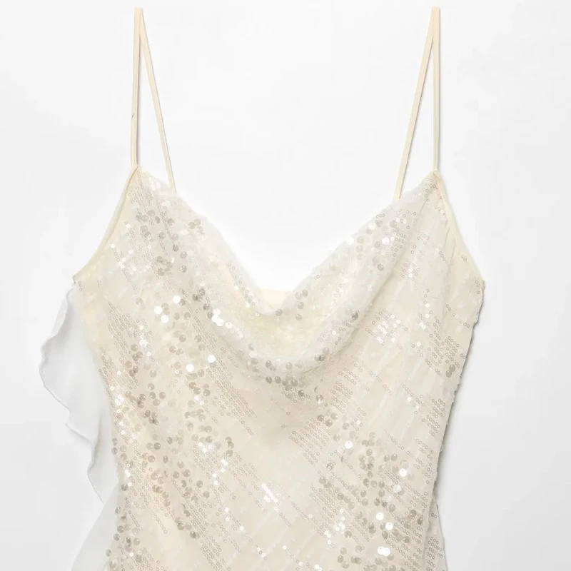 Shinny vestido de lantejoulas mulher verão 2025 novo sexy sem mangas sem costas em camadas plissado com decote em v mini vestidos clube festa vestidos de noite