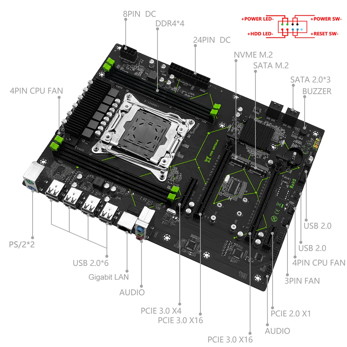 MACHINIST X99 MR9A-H Motherboard LGA 2011-3 Support Xeon E5 2666 2667 2680 V3 V4 Series Processor CPU DDR4 Memory RAM ATX NVME