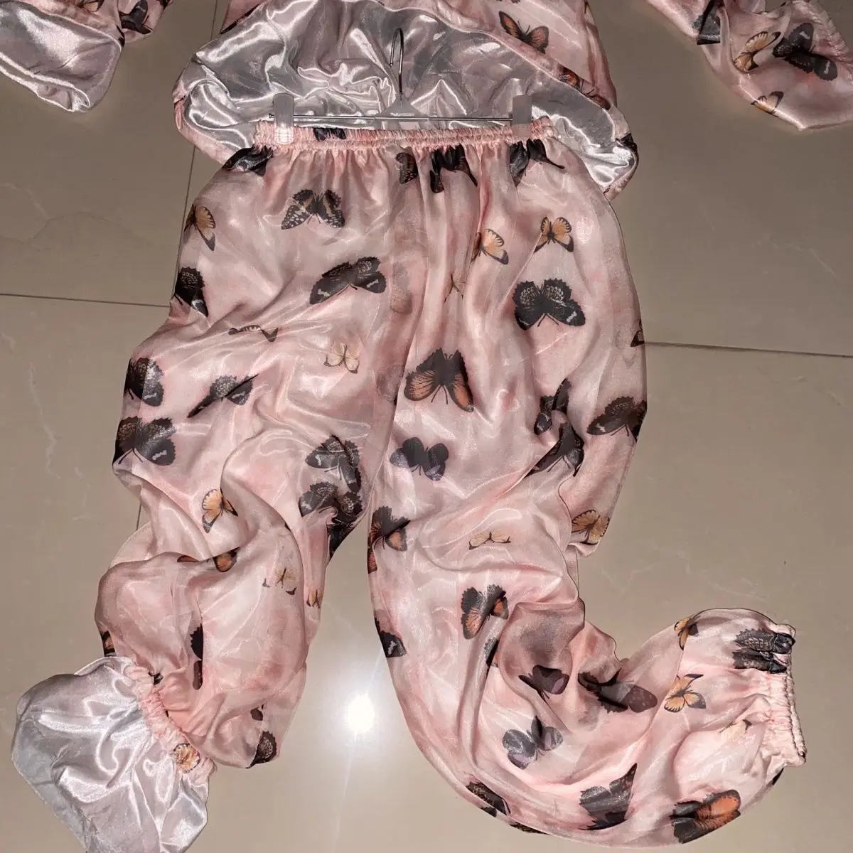 2 layers glossy floral chiffon mesh pajamas two-piece Set Women long sleeve loose sleeping plus size top pants