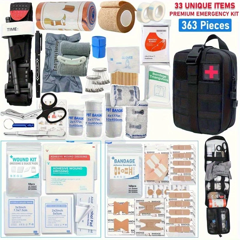 363개 구성 야외 응급 처치 키트, 휴대용 응급 가방, 다목적 응급 용품 및 액세서리, 응급 키트