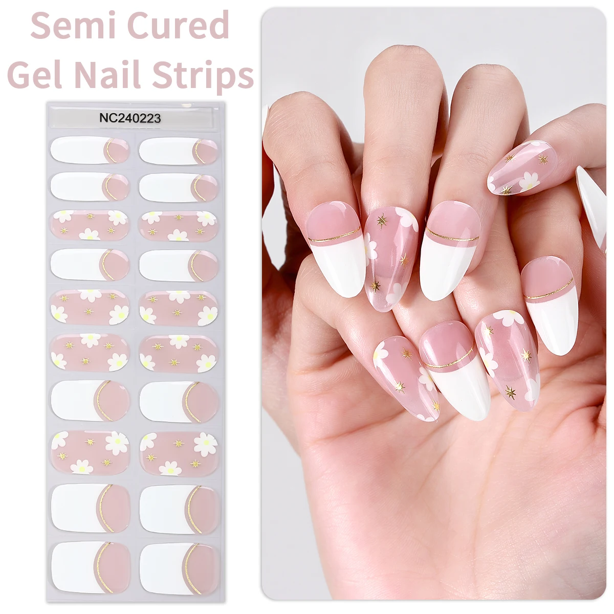 

20pcs White French Semi Cured Nail Gel Strips Daisy Flowers Gel Nail Stickers Long Lasting Self-Adhesive Gel Nail Wraps