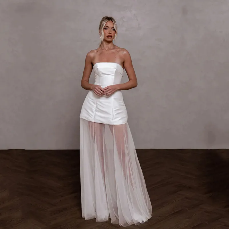

Simple Stain A-Line White Wedding Dress Sexy Sleeveless Open Back with Zipper Elegant Strapless Bride Gown Vestidos Customized