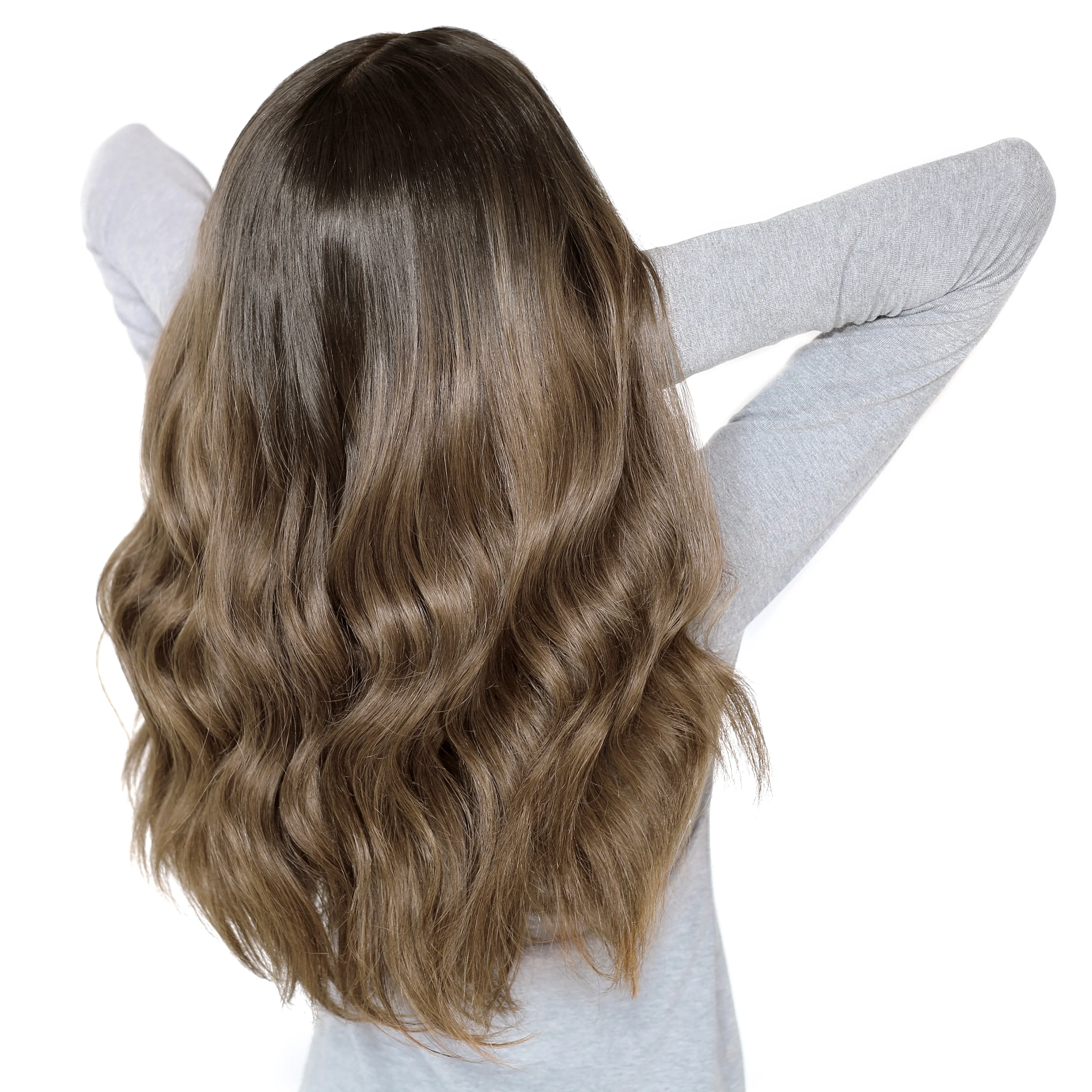 Peluca frontal y superior de encaje ondulado, pelucas sin pegamento, cabello humano, Beige, marrón y marrón ceniza, Pintado a mano, Balayage, peluca con reflejos ombré