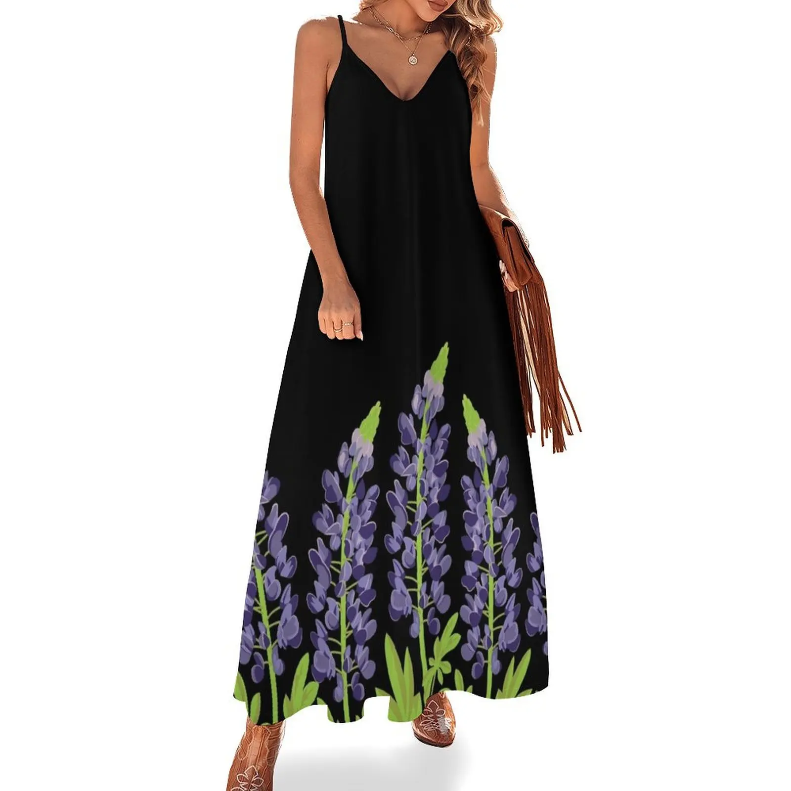 

Texas Bluebonnet Flowers - Purple Floral Artwork Sleeveless Long Dress summer women's suit Evening gown Dress