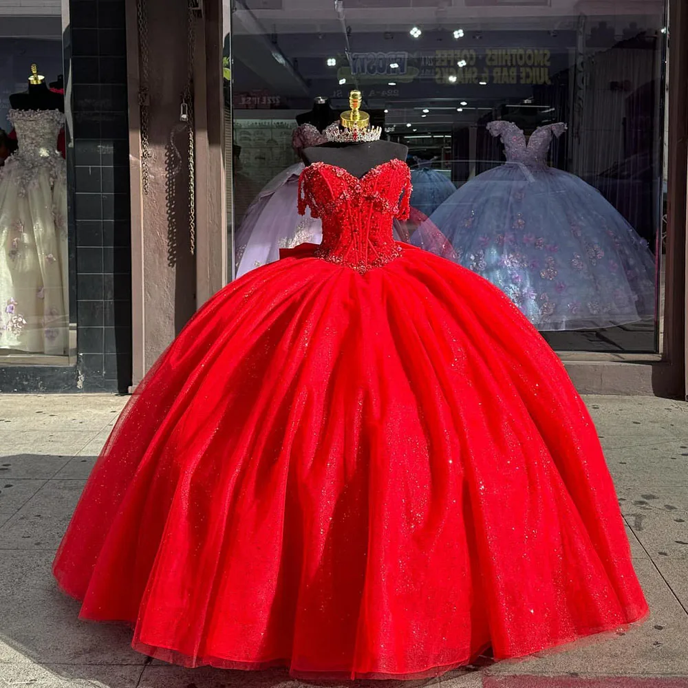 Vestido De princesa rojo para quinceañera, manga corta, lentejuelas, cuentas, dulce 16, satén, 15 Años