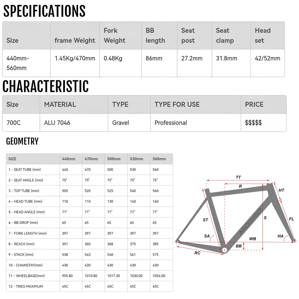 700C MOSSO 790GVL Road bike Frame With Carbon Fork  Aluminum Alloy Ultra-light GRAVEL Frameset Disc Braeke Bicycle Accessories