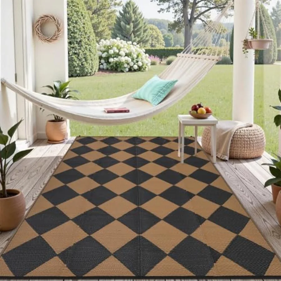 

Large Outdoor Rug 9x18 for Patio, Waterproof Plastic Straw, Brown Checkered, Lightweight Reversible Foldable Mat for Camping Ba