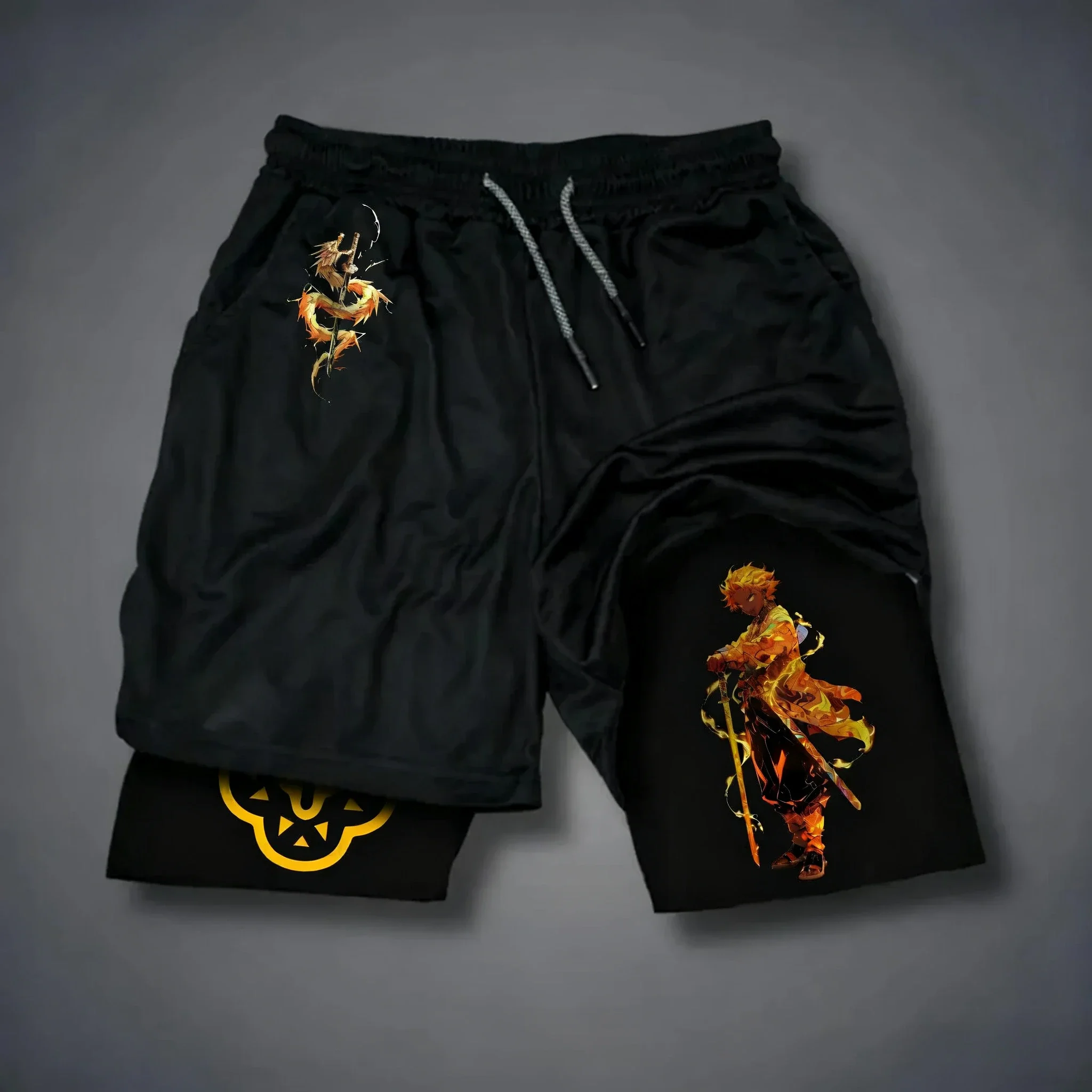 شورت Demon Slayer بطبعة الرسوم المتحركة مزدوجة الطبقات، شورت صيفي أمريكي للياقة البدنية للرجال والنساء فضفاض وعصري