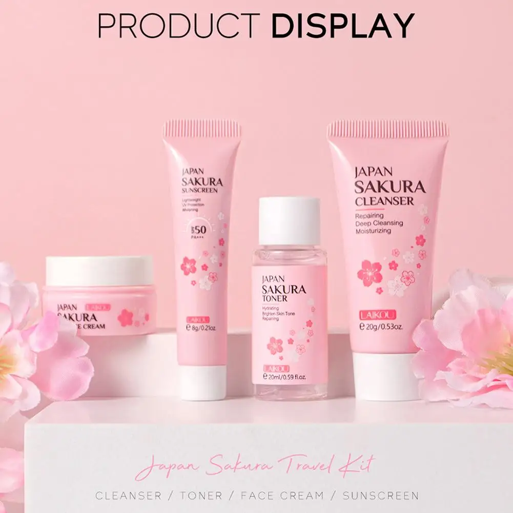 

4-Piece Japanese Cherry Blossom Facial Care Travel Set - Deep Moisturizing Hydrating Gentle Nourishing Daily Skincare Kit