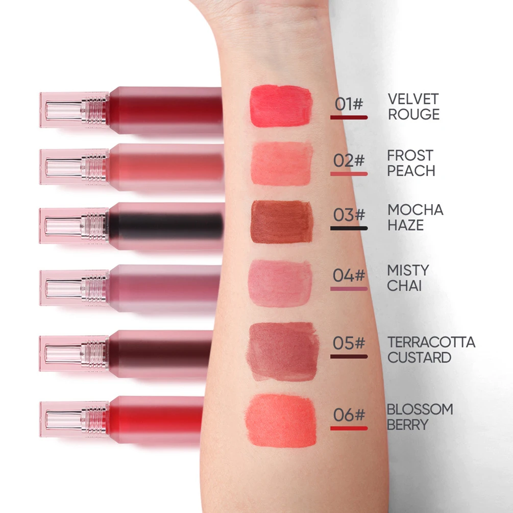 Private Label Lip Gloss 6colors Water-to-mist Pigment Velvet Matte Waterproof Non-stick Makeup Vegan Transparent Frosted Tube