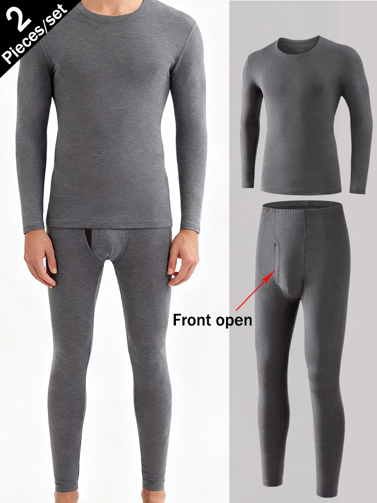 

2 Pieces/Set Long Johns Thermal Underwear Men Solid Color Dralon Velvet Fabric Warm pants Front Open Winter/Autumn Warm Suit