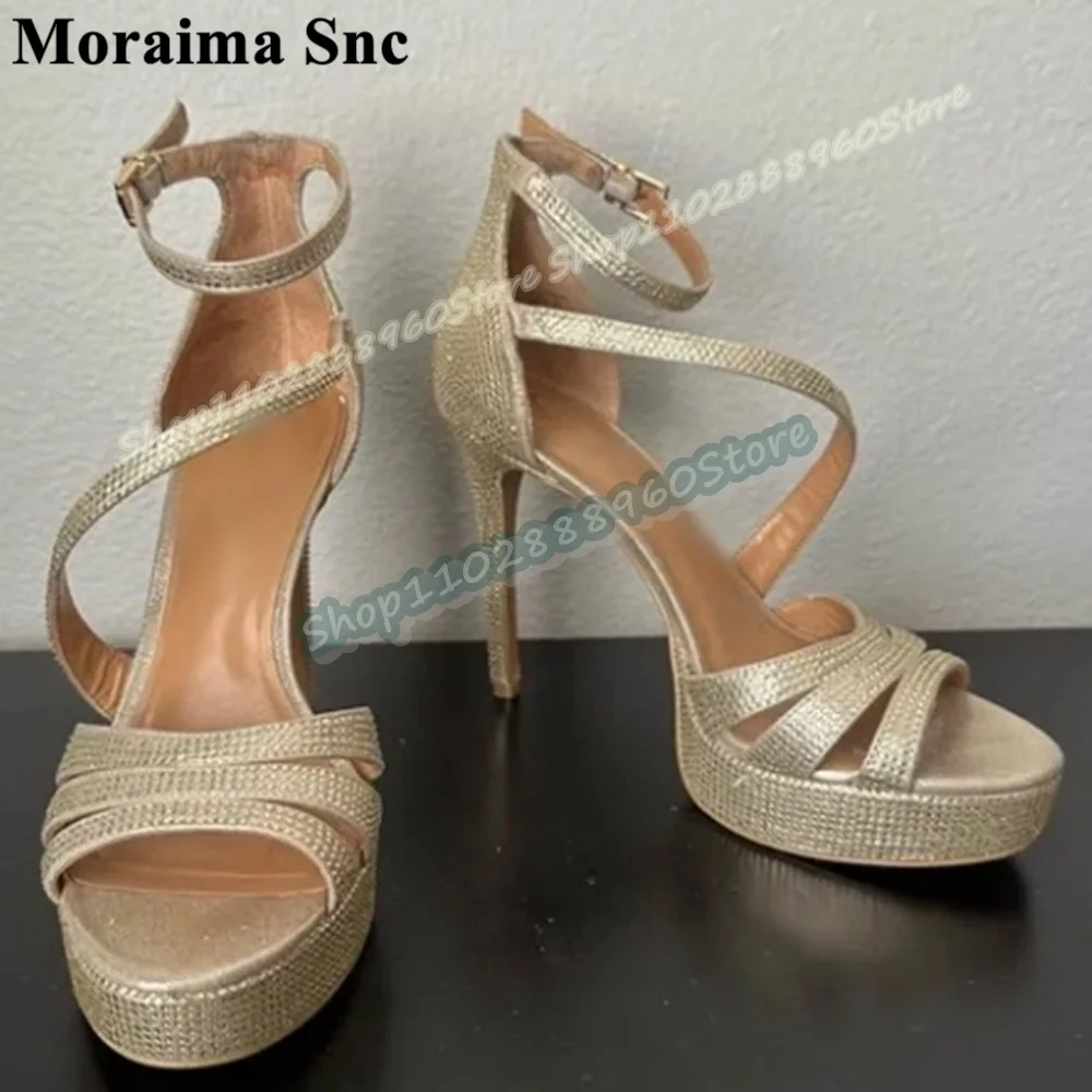

Sparkling Crystals Platform Strappy Sandals Thin High Heel Shoes For Women Ankle Buckle Strap Open Toe Banquet Bling Women Shoes