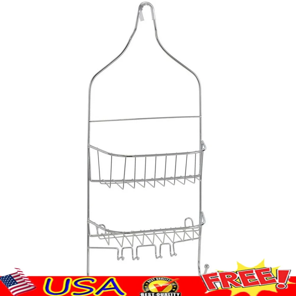 

Металлическая душевая кабина с контурным дизайном, 2-уровневые полки, устойчивая к ржавчине хромированная отделка, 6 крючков, аксессуары для ванной комнаты, простой монтаж