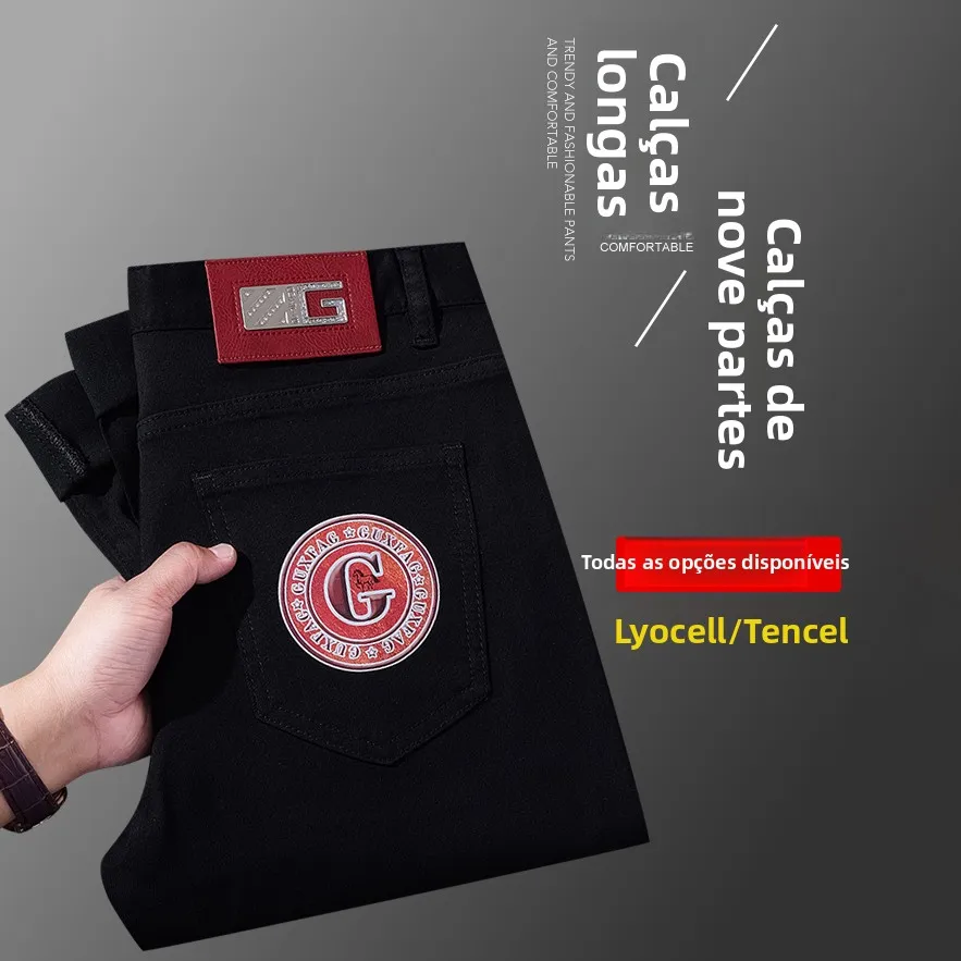 Novos Jeans de Perna Reta em Seda Lyocell Lisse, Cor Preta Pura, Leves e Luxuosos, para Homens de Meia-Idade, Verão 2026