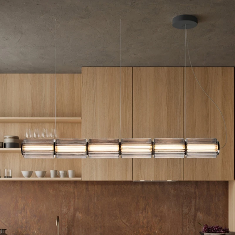 Long Stripe Pendant Light with Smoke Gray Glass Lampshade Nordic Restaurant Led Hanging Light Living Dining Room Pendant Lamp