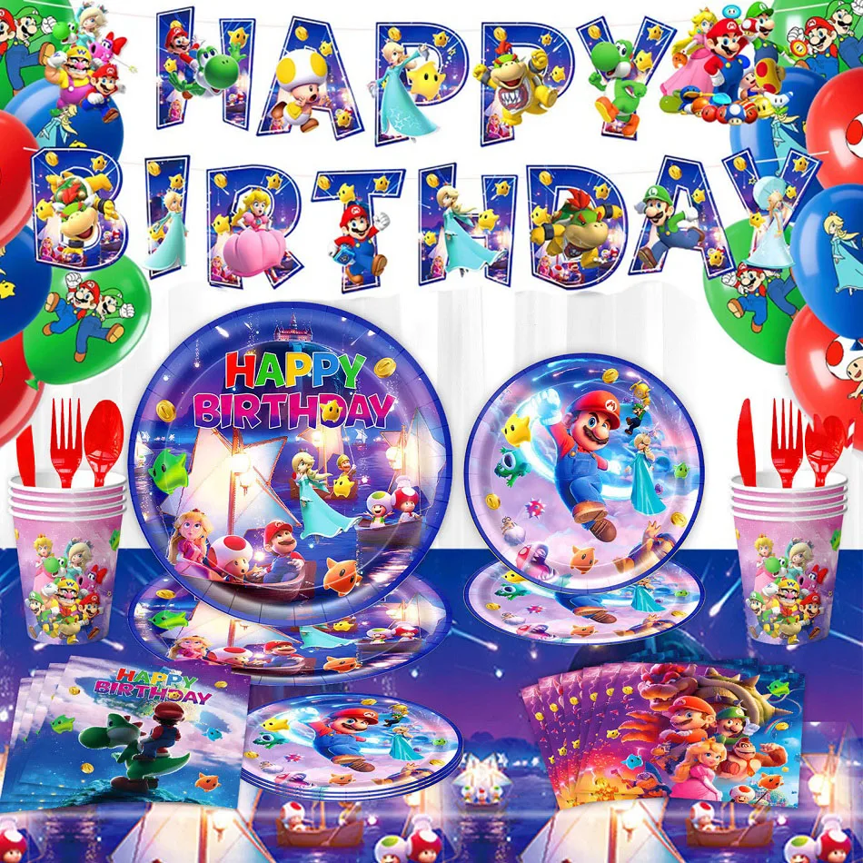 Décoration d'anniversaire Super Mario Bros, fournitures de fête, nappe, bannière, accessoires de décoration, gobelets, assiettes, serviettes, sacs, kit de vaisselle jetable