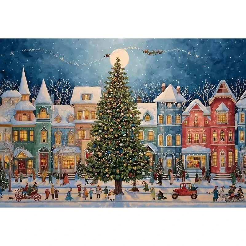 5D DIY Diamantmalerei-Set Weihnachten Winter Straße Riesiger Baum Feiertagskunst Vollflächiger Strass-Wanddekor Geschenk für Erwachsene