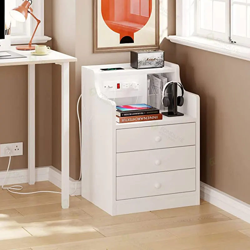 Modern Multi-functional White Bedside Table Creative Luxury Nightstand Cabinet With Charging Station And Usb Ports
