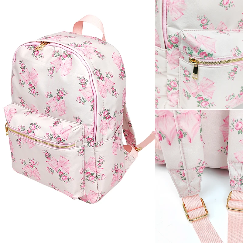 Backpack Large Capacity Pink Printed Bow New Waterproof Nylon Backpack Female Travel Bag Backpacks Schoolbag for Teenage Girls