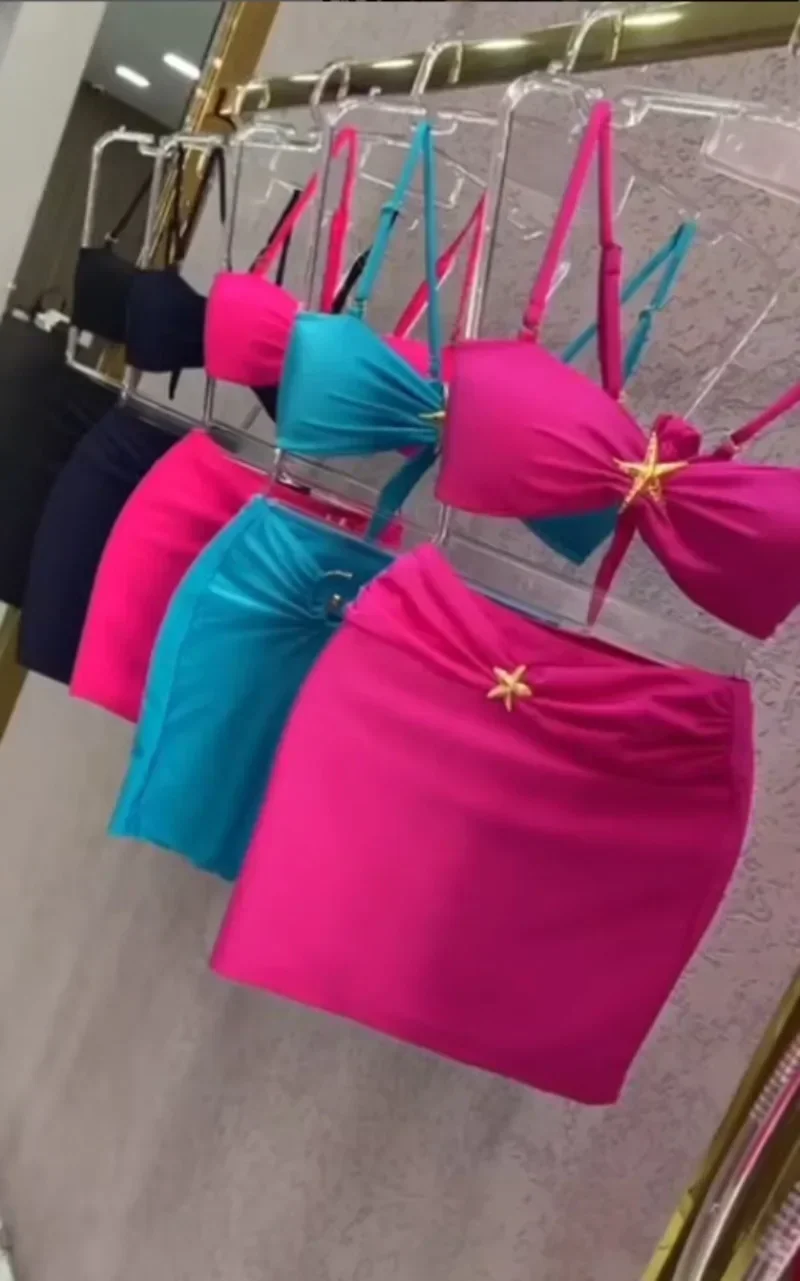 Three-piece Sling New Star Bikini Sexy Solid Color Swimsuit Pants Adjustable