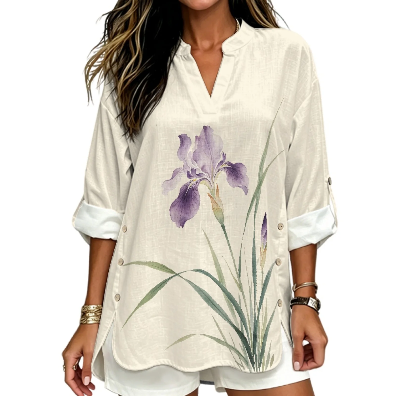 PENSTROLL Linen Style Notch V Neck Tunic Top, Comfortable Cozy Blouses Sizes S-5XL for Women's Beach and Resort Wear