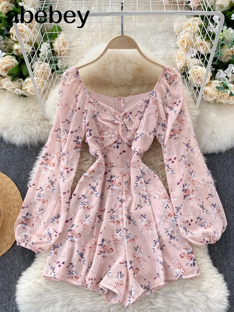 Korean Floral Jumpsuit Women Ruched V Neck Puff Sleeve Office Rompers Autumn Boho Print Holiday Wide Leg Short Rompers