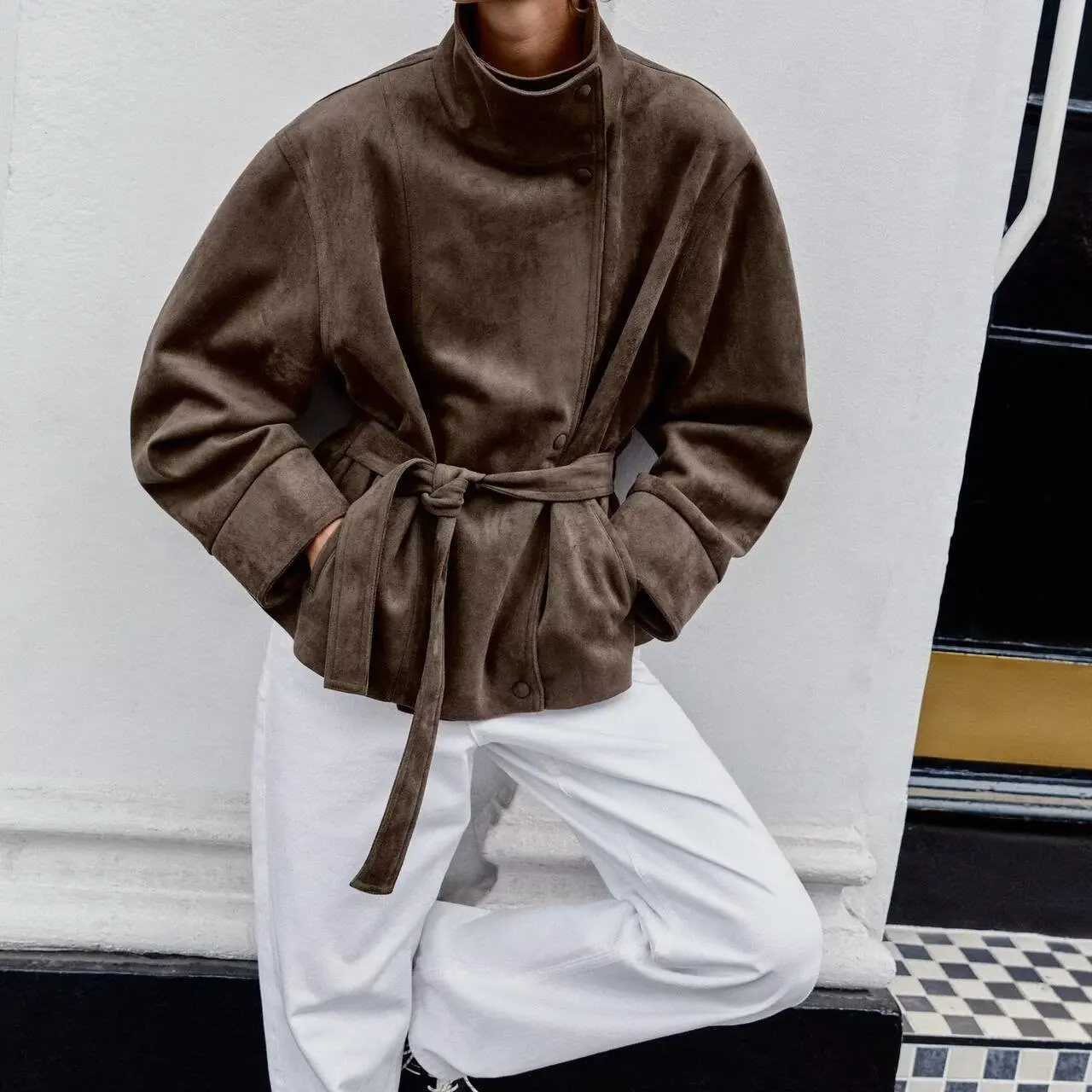 Autumn New Arrival Women's Long Sleeve Stand Collar Belted Loose Outerwear Faux Fur Casual Style Regular Length Button Closure