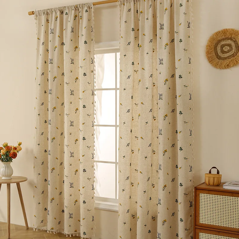 

Boho Curtain Daisy Embroidered Farmhouse Window Treatments Beige Floral Curtain Rod Pocket Light Filtering Living Room Bedroom
