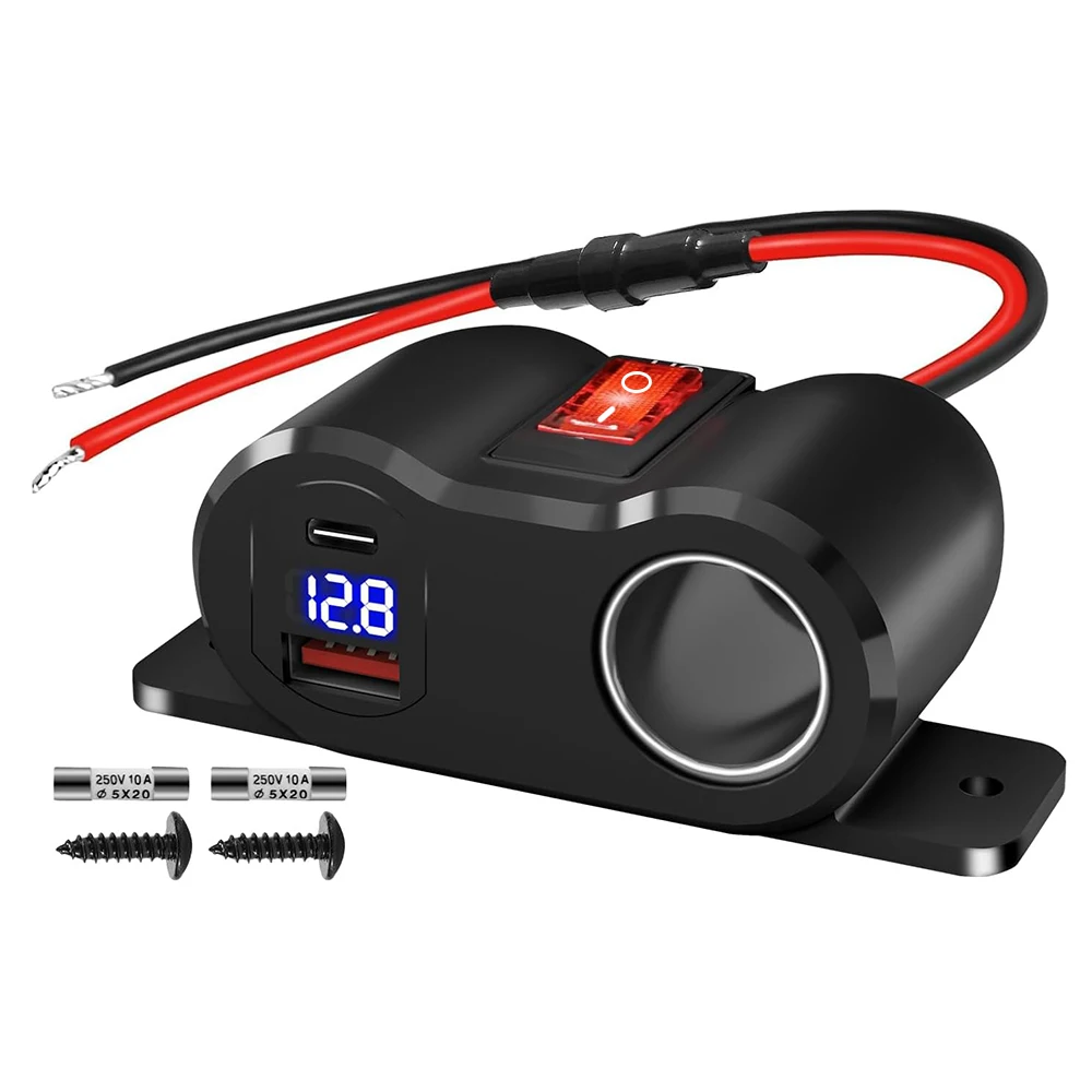 

120W QC3.0 &PD3.0 Outlet Cigarette Lighter Socket Splitter with LED Voltmeter/Rocker, 12V Car Charger Power Adapter for Boat ATV