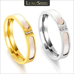 LUXUSTEEL Luxury Rings For Women Cubic Zircon White Shell Golden Plated Silver Color Stainless Steel Rhinestone Wedding Gift