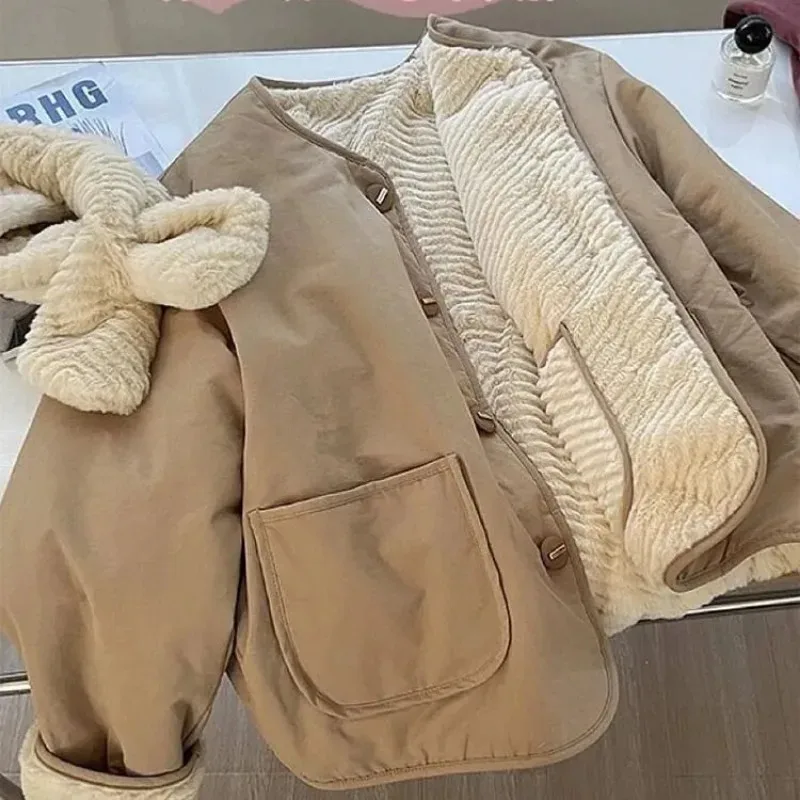 

Retro Thickened Warm Jacket Khaki Vintage Simple Design Single-breasted Velvet Versatile Cotton Jacket