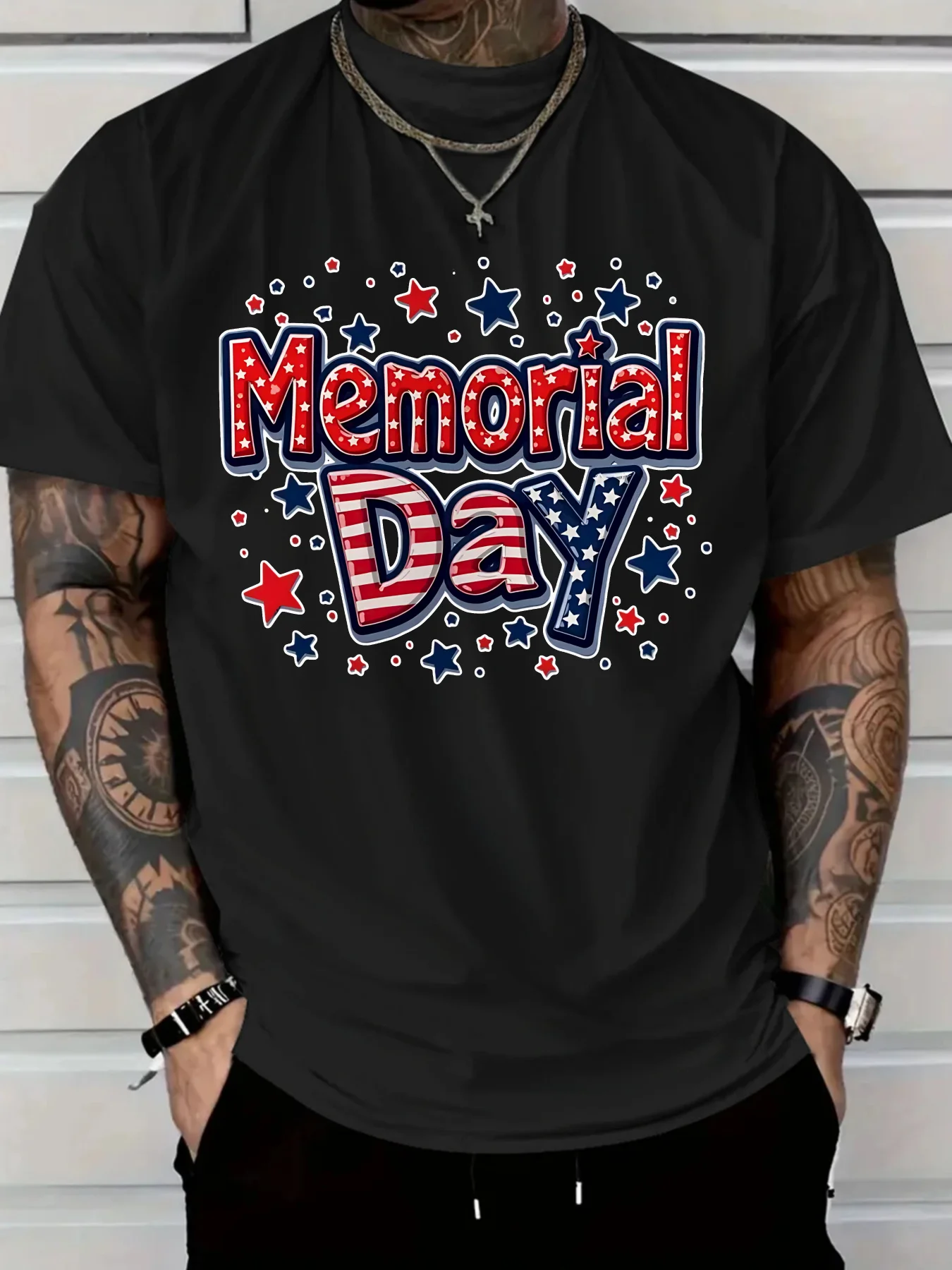 

2025 Новая мужская повседневная футболка из чистого хлопка с графическим принтом ко Дню памяти, дизайн со звездами и полосками, мужская уличная одежда