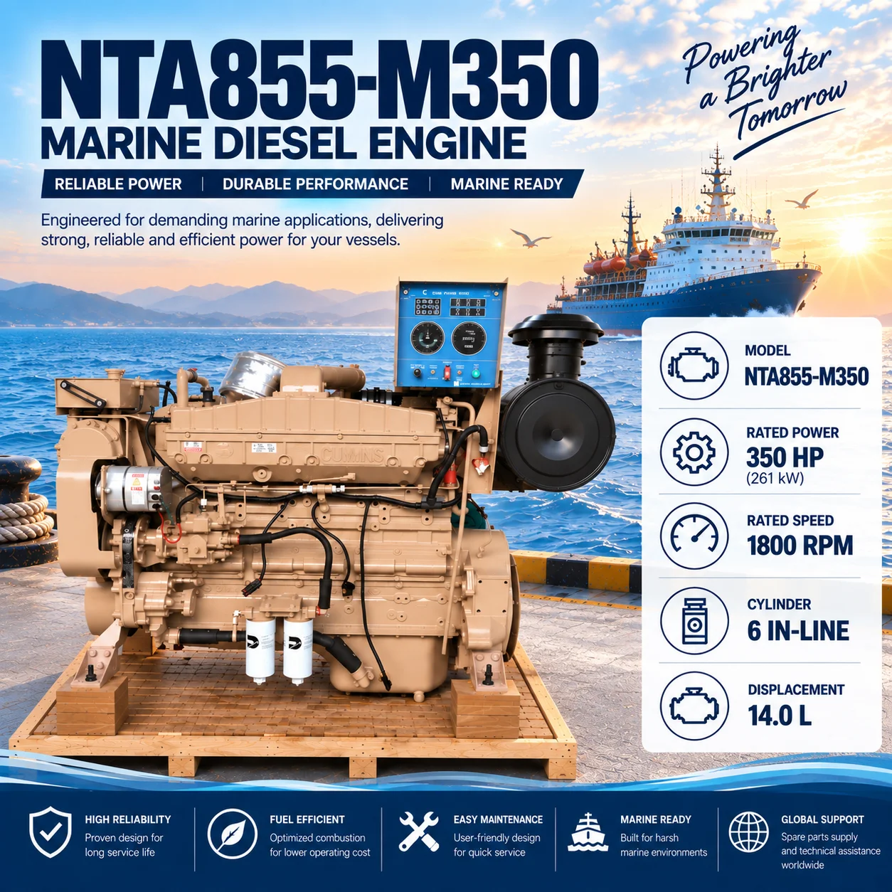 For DCEC Cummins NTA855-M350 Marine Diesel Engine 350HP Turbocharged for Tugboat Propulsion