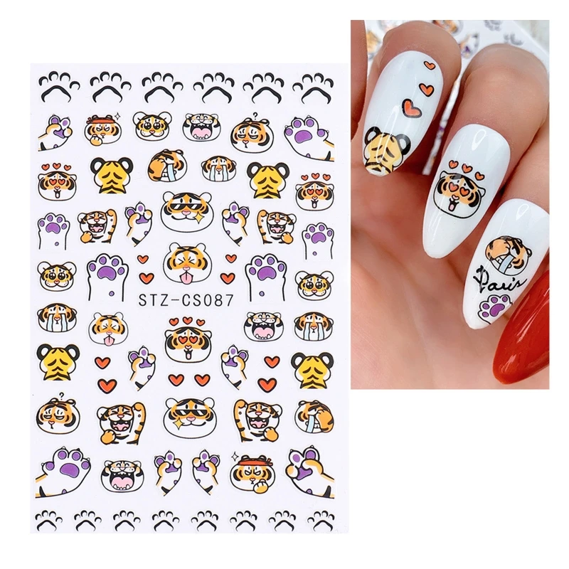 Ano do tigre arte do prego adesivos auto-adesivos animais decalques unhas 3d decorações da arte do prego manicure diy prego