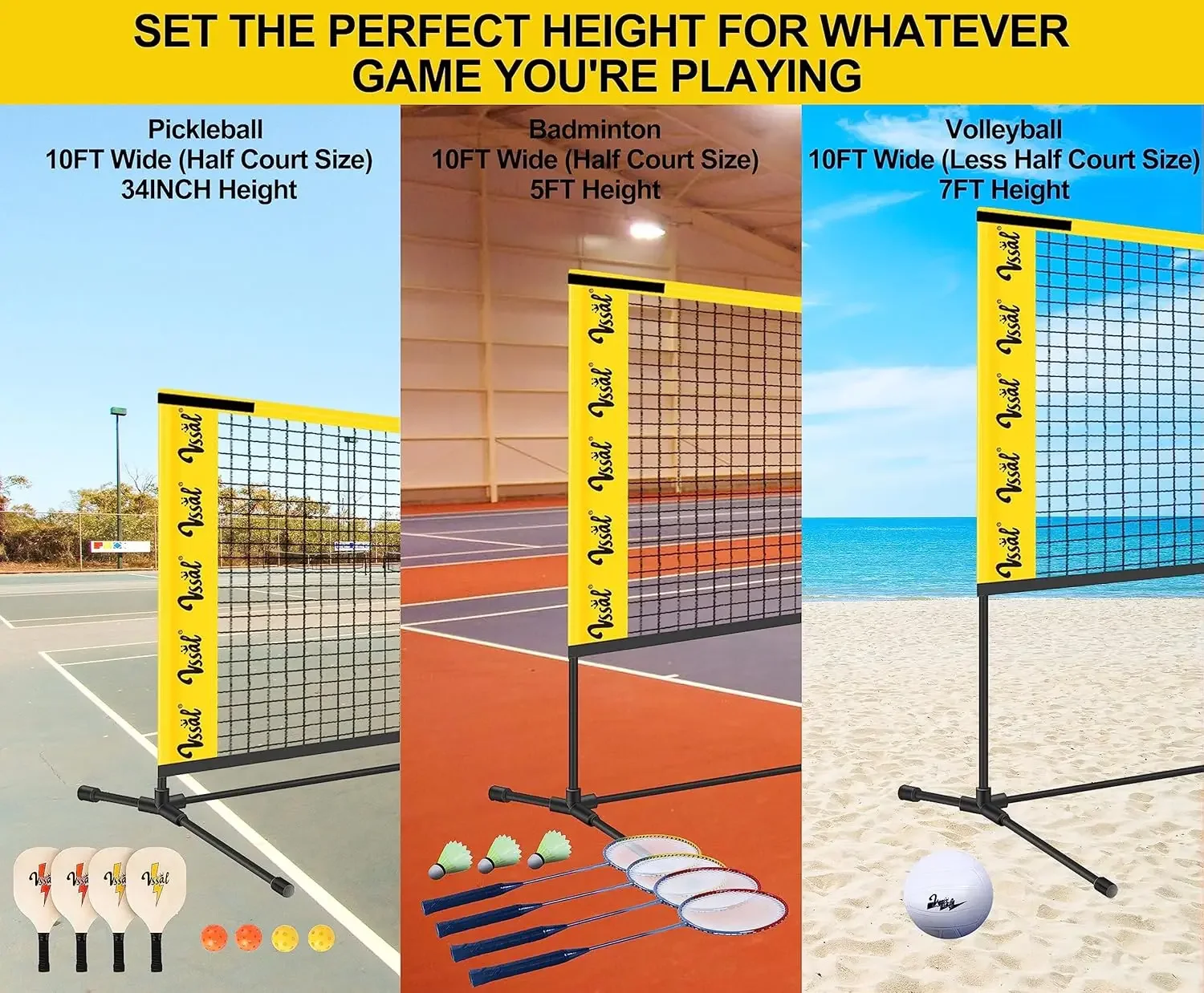 Portable All-in-One Badminton, Pickleball and Kids’ Volleyball Net Set Half Court (10ft Wide x 7ft max Height) Small Outdoo