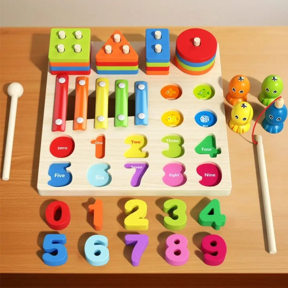 Gioco educativo di abbinamento di forme geometriche Esercizio pratico Ordinamento dei colori Apprendimento precoce impilato geometrico in legno 5 in 1