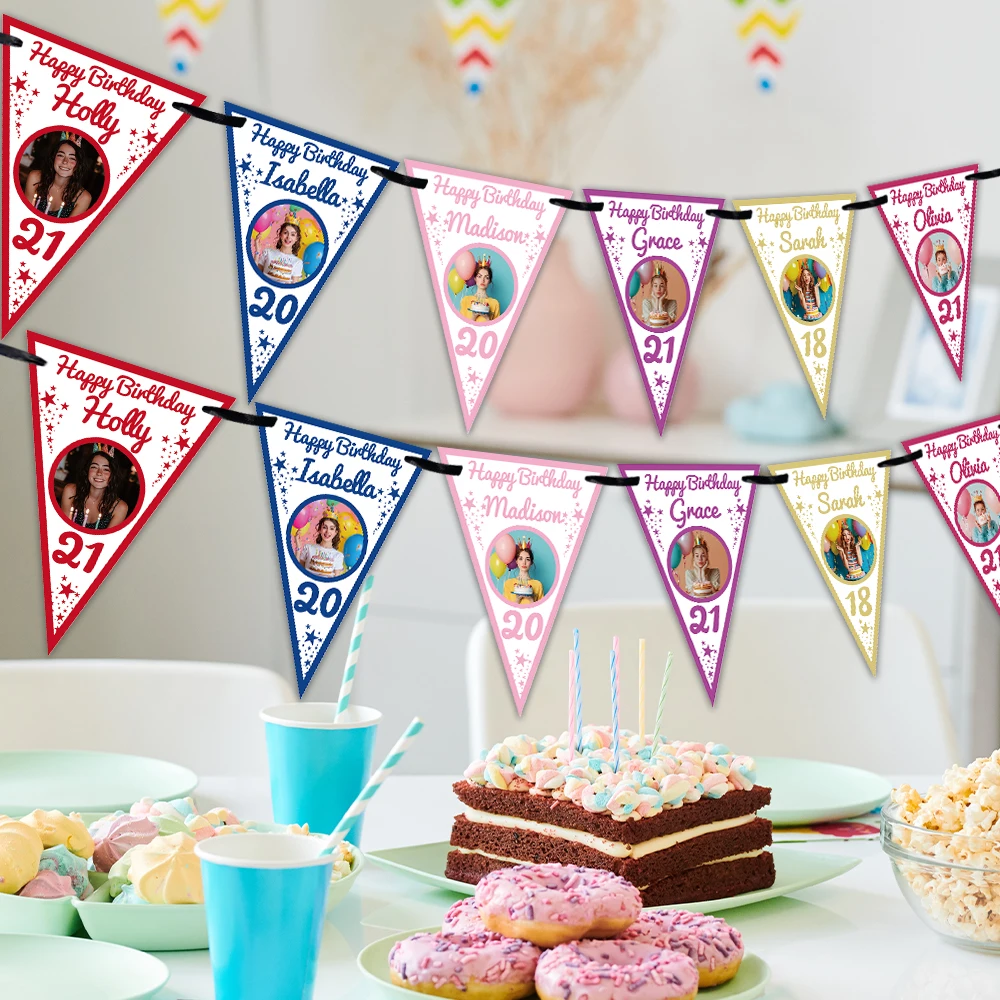 12 قطعة من زينة حفلات أعياد الميلاد القابلة للتخصيص، أسماء صور شخصية للأعمار، أعلام معلقة رومانسية، تتضمن شريط 5 أمتار #6