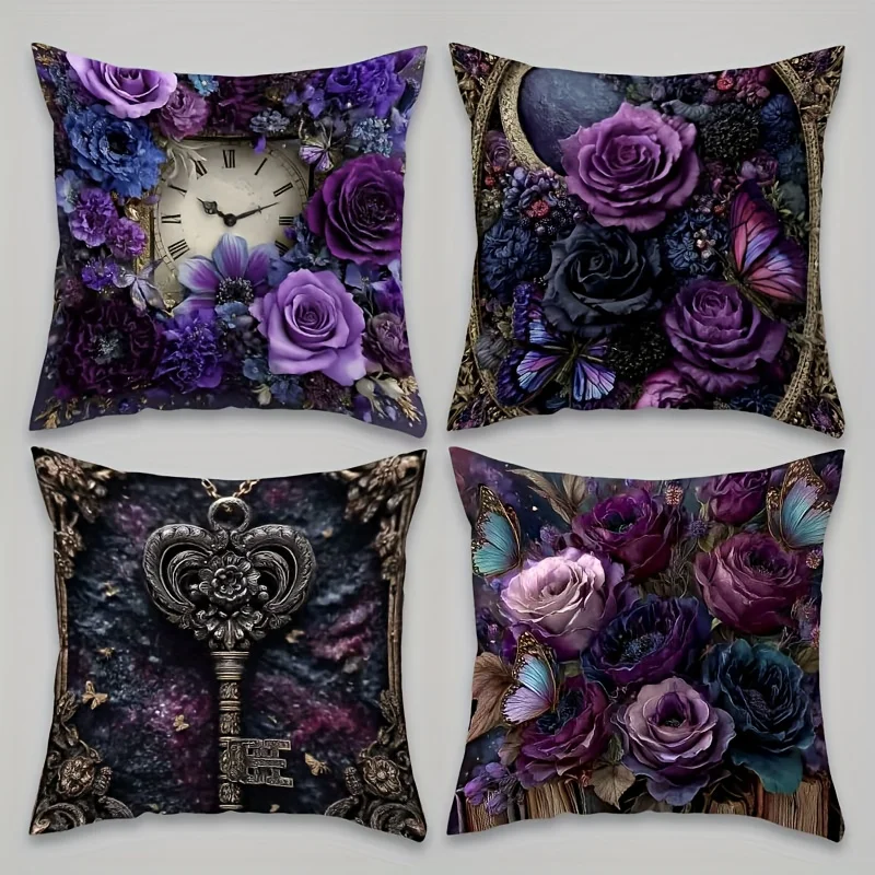 1PC 2D Flat Vintage Gothic Purple Rose Floral Throw Pillow Covers Cases for Home Bedroom Living Room No Pillow Core