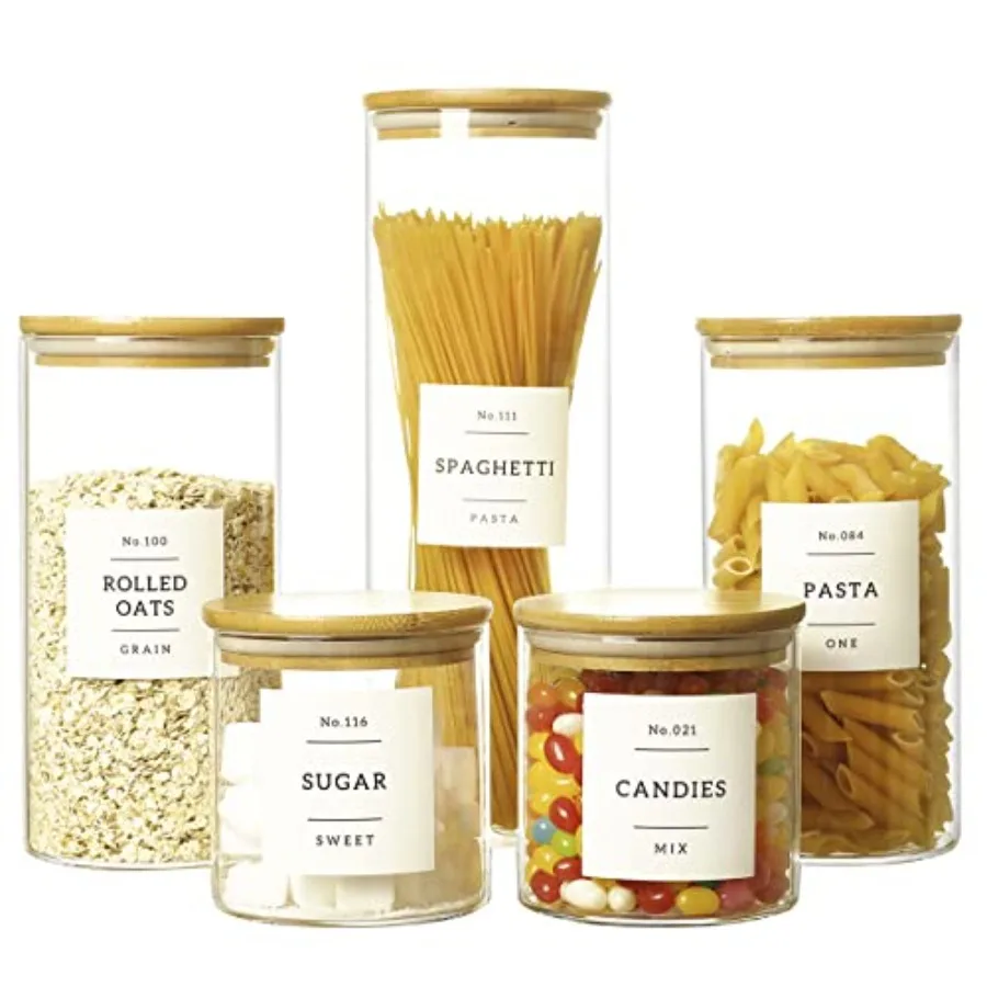 Curated Picks 5 Pcs Glass Food Storage Containers With 32 Pantry Labels Preprinted - Thicken 3mm Jars Airtight Bamboo Lid Stack