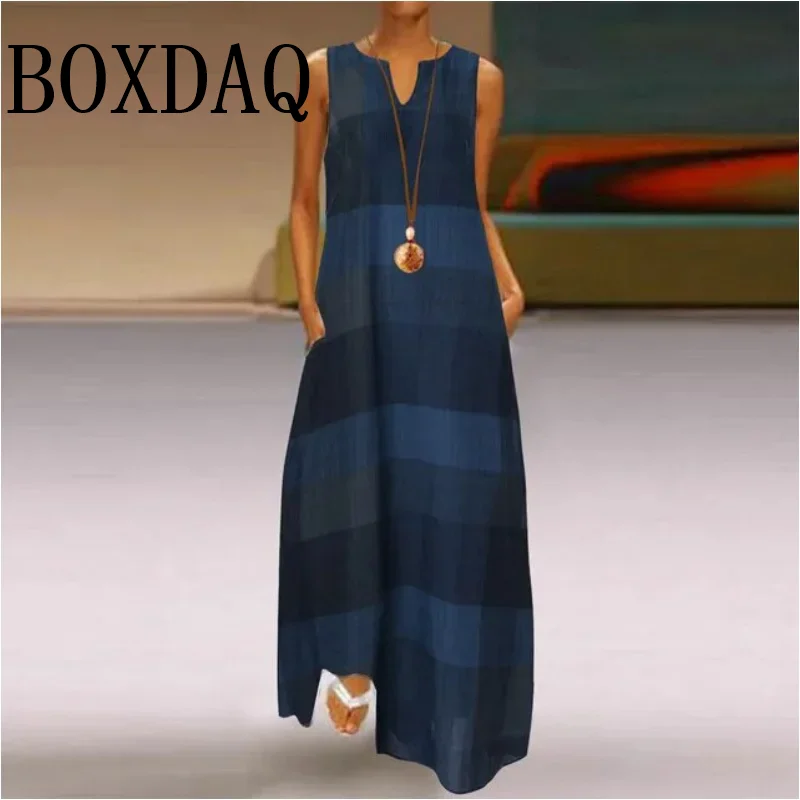 Elegant Long Maxi Dress Casual Sleeveless Tie Dye Flower 3D Printed Vintage Loose Pocket Dress Women Summer Oil Painting Dreeses