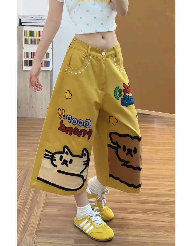 American Style Retro  Dog Embroidery Yellow Denim Seven-Foot Pants Women Summer Dopaamine Cute Loose Five-Point Shorts