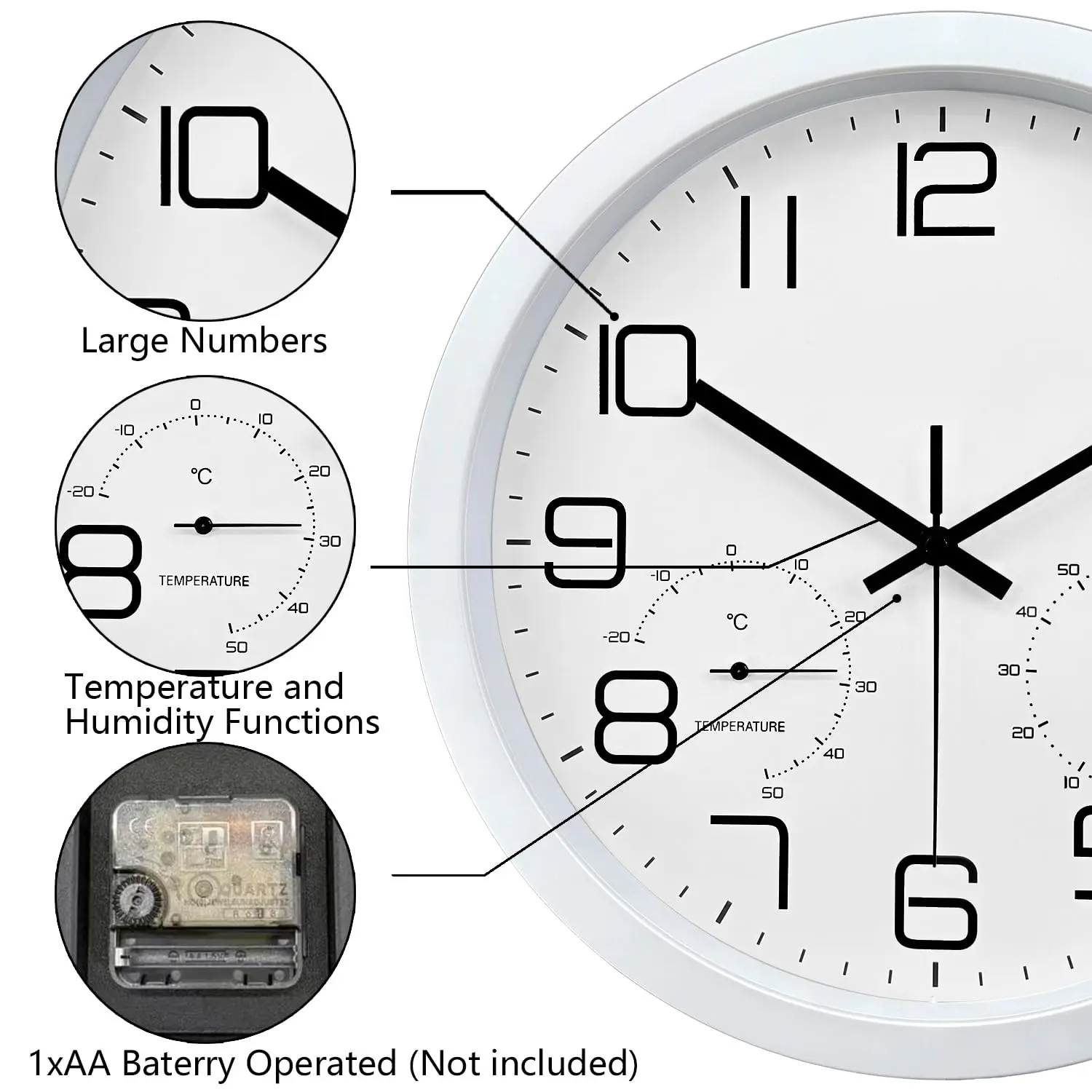 12 inch Modern Wall Clock with Temperature and Humidity Display Silent Quartz Clock for Home Office Kitchen Decor Easy to Read view 4