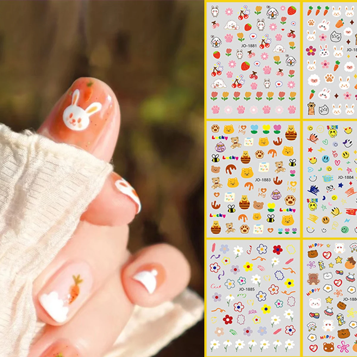 

10PCS New Cute Bear Nail Sticker Baby Bunny Carrot Colorful Flower Pink Tulip Sweet Summer Wind Nail Decoration Decal