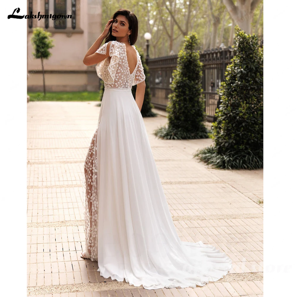 Lakshmigown Sommer Boho Hochzeitskleider Strand Spitze Hoher Schlitz Brautkleider V-Ausschnitt Hochzeitskleider Kurze Ärmel Maßanfertigung – Detail 6