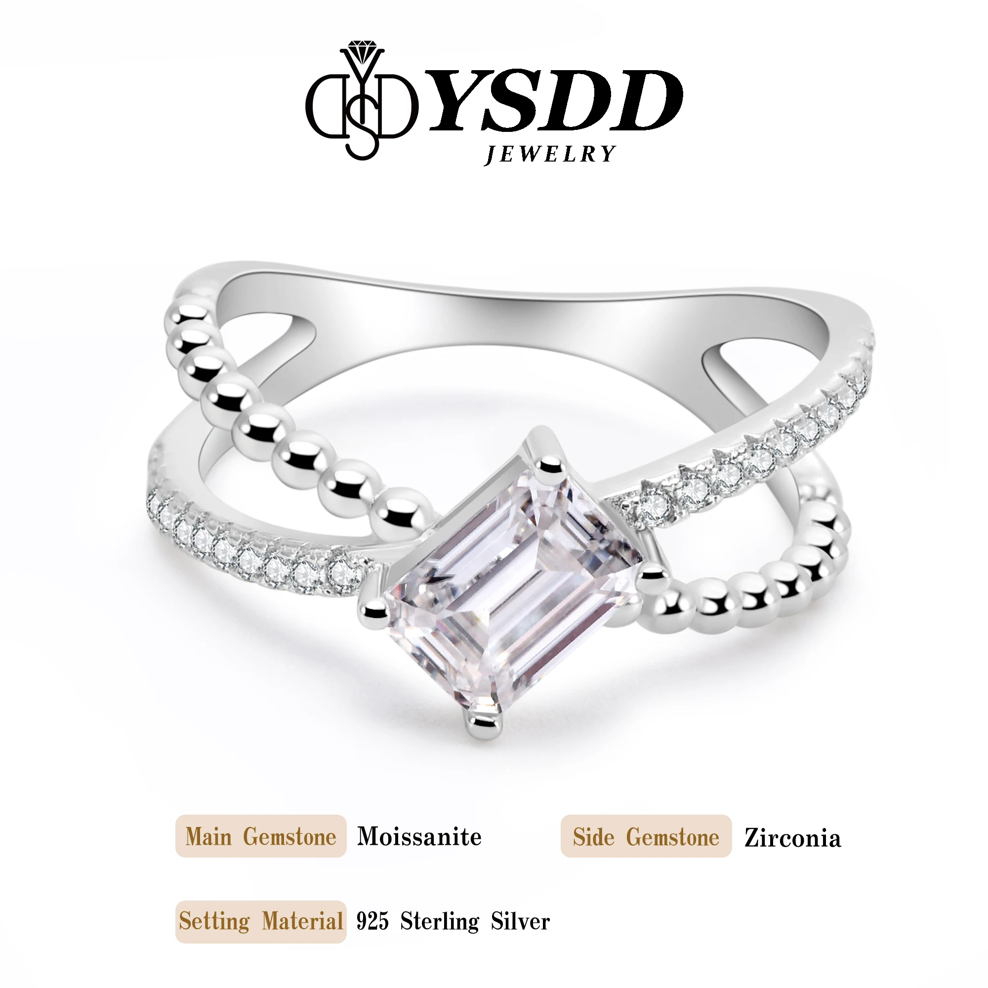 

#261 YSDD 925 Sterling Silver Cross Hollow Unique Design 1 Carat Square Moissanite Women's Ring Jewelry Gift Set