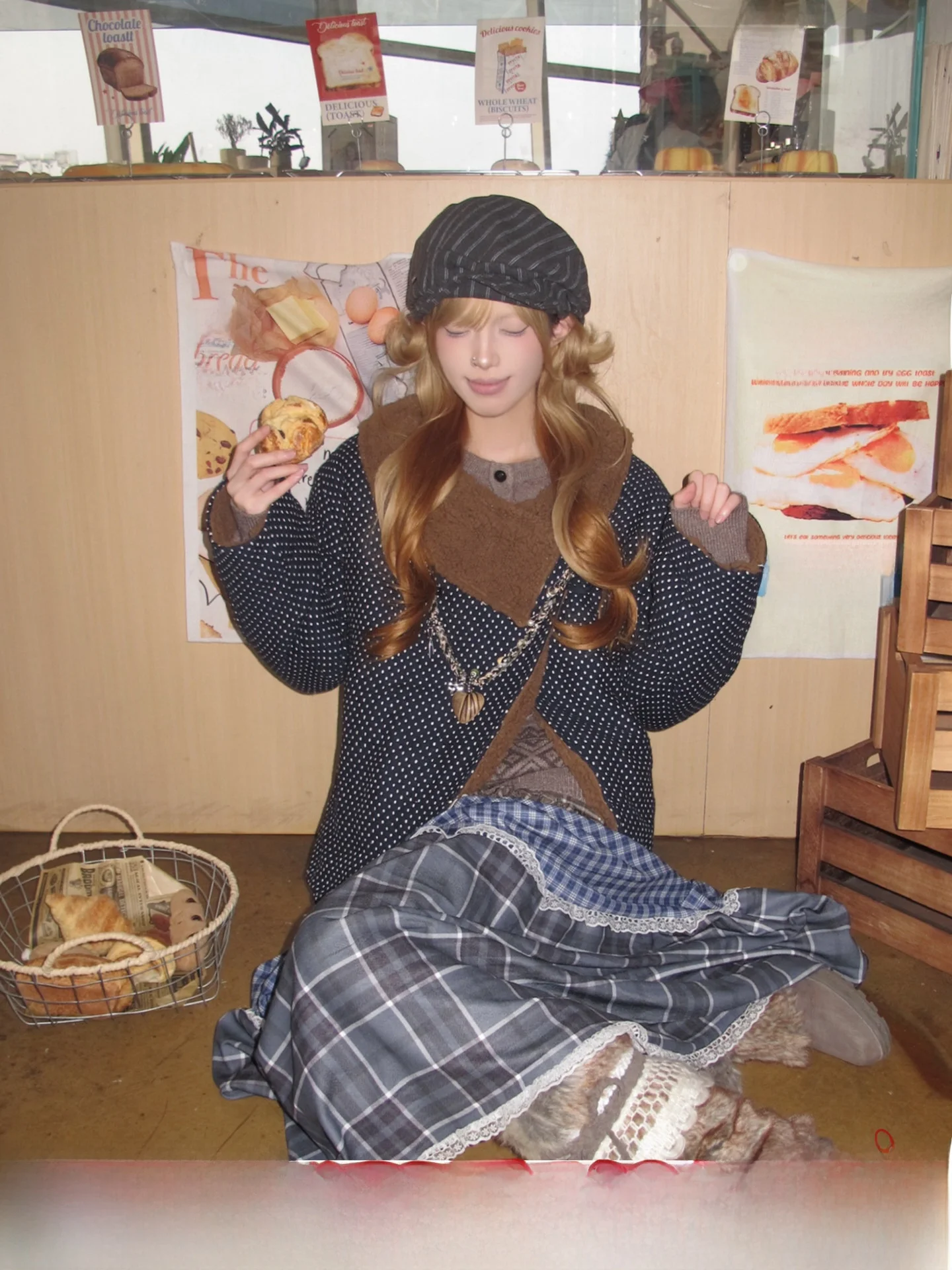 

Blue Polka Dot ort Lamb Fur Jaet Women's Autumn Winter Turn Collar Design Sense Retro Sle Cotton Blend Outerwear