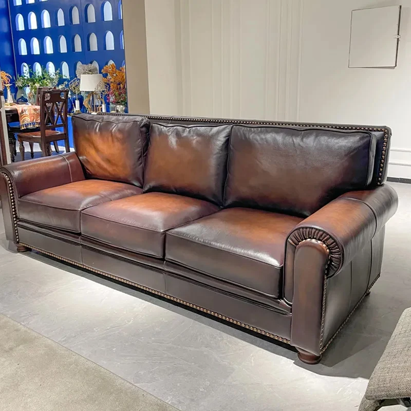 

American solid wood leather sofa combination 123 simple study bar, sofa oil wax leather office sofa luxury