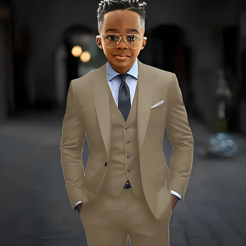 

Boys 3 Piece Formal Suit Khaki Beige Slim Fit Blazer Vest Pants Set For Wedding Pageant Party Birthday Toddler Kids