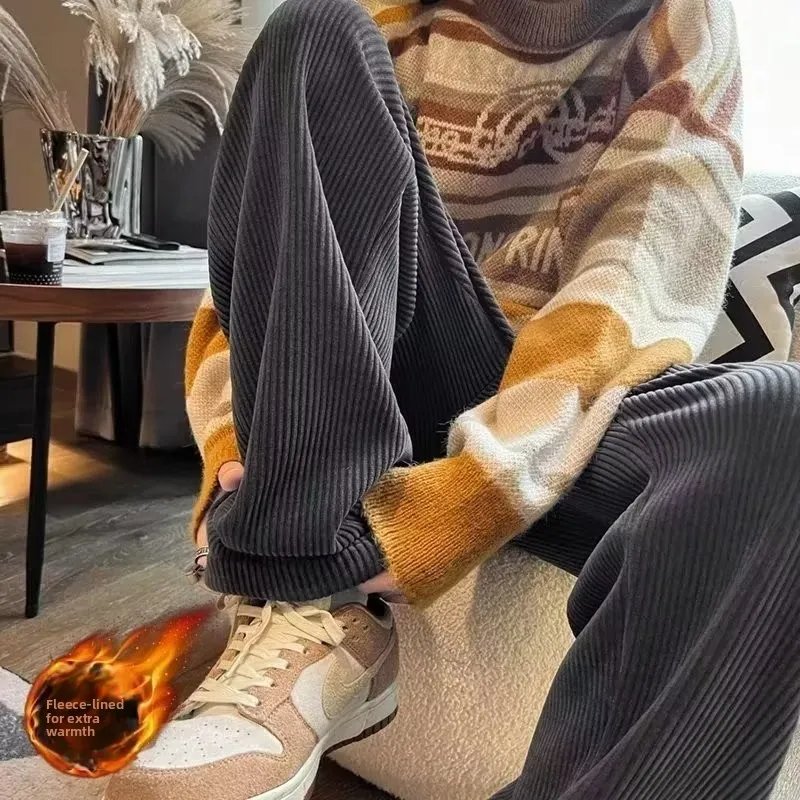 

Thiened Fce Corduroy Men's Autumn Winter Trendy Brand Loose Wide Leg Pants Vintage Casual Sports Trousers Straight Cut